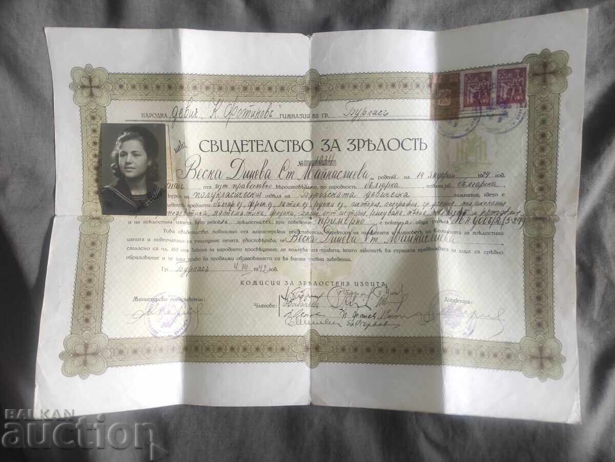 High School Diploma, Girls' High School Burgas 1942