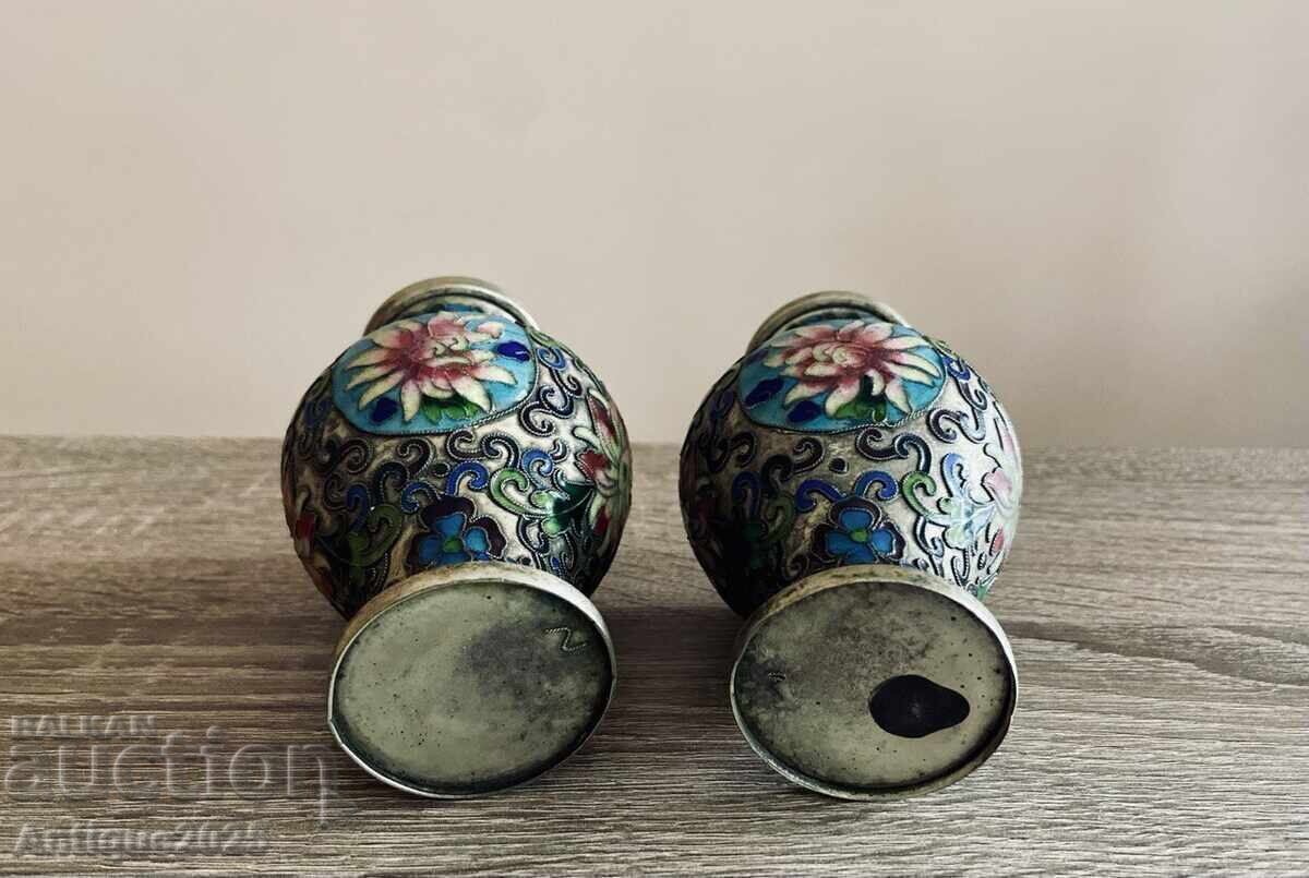 Винтидж посребрени вази с ръчна флорална декорация - 5