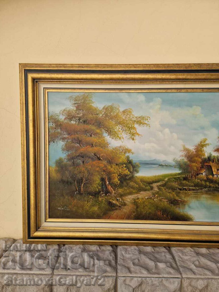 Υπέροχη μεγάλη αντίκα ζωγραφική με λάδι σε καμβά - 5