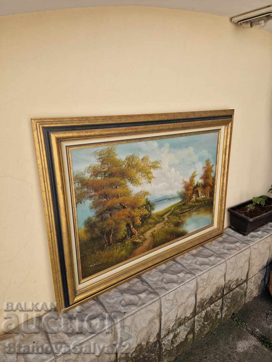 Υπέροχη μεγάλη αντίκα ζωγραφική με λάδι σε καμβά - 6