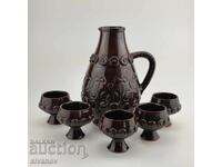 Old ceramic wine set 5 glasses and carafe #6012