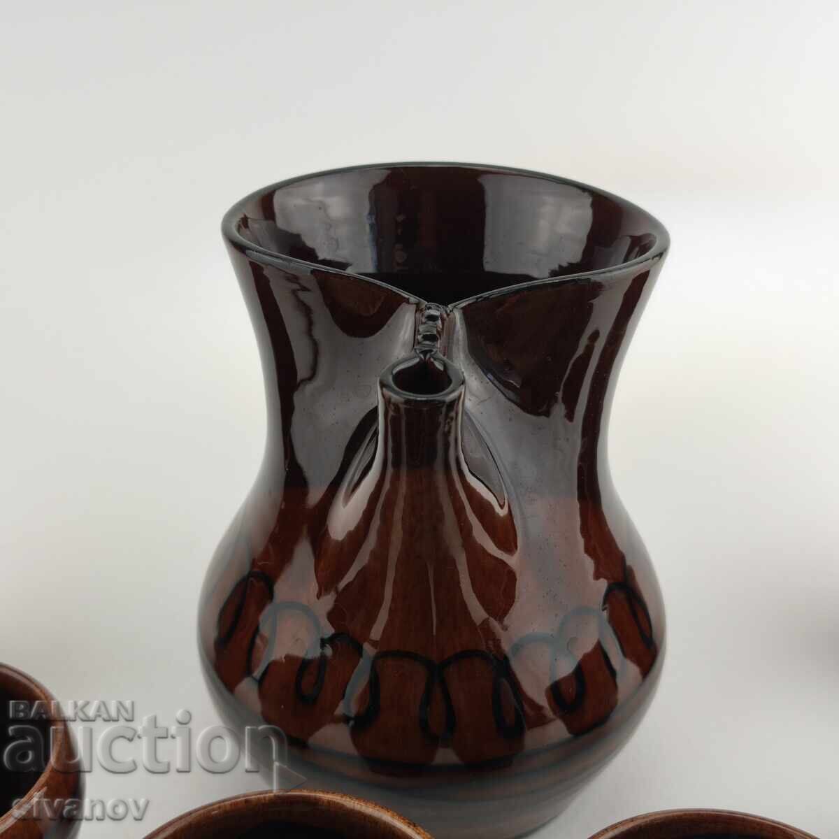 Auction Old ceramic wine set 6 glasses and carafe #6013 Auction Old ceramic wine set 6 glasses and carafe #6013