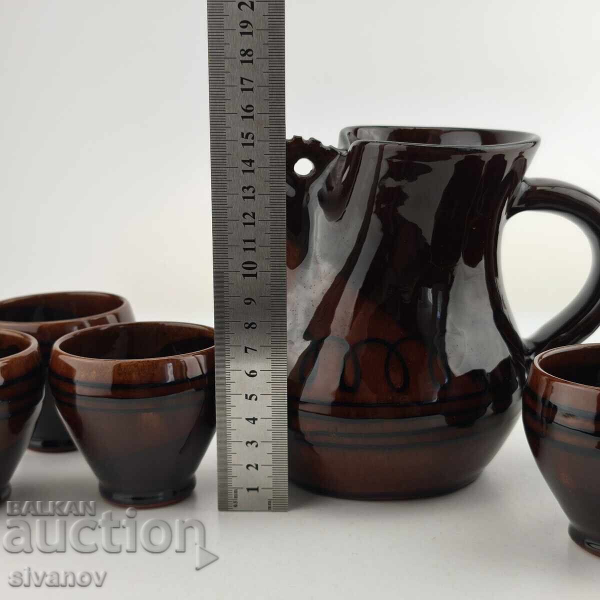 Old ceramic wine set 6 glasses and carafe #6013 - 6 Old ceramic wine set 6 glasses and carafe #6013 - 6