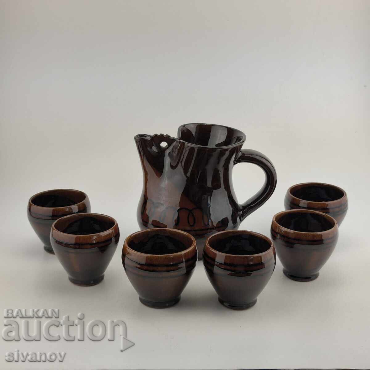 Old ceramic wine set 6 glasses and carafe #6013 Old ceramic wine set 6 glasses and carafe #6013