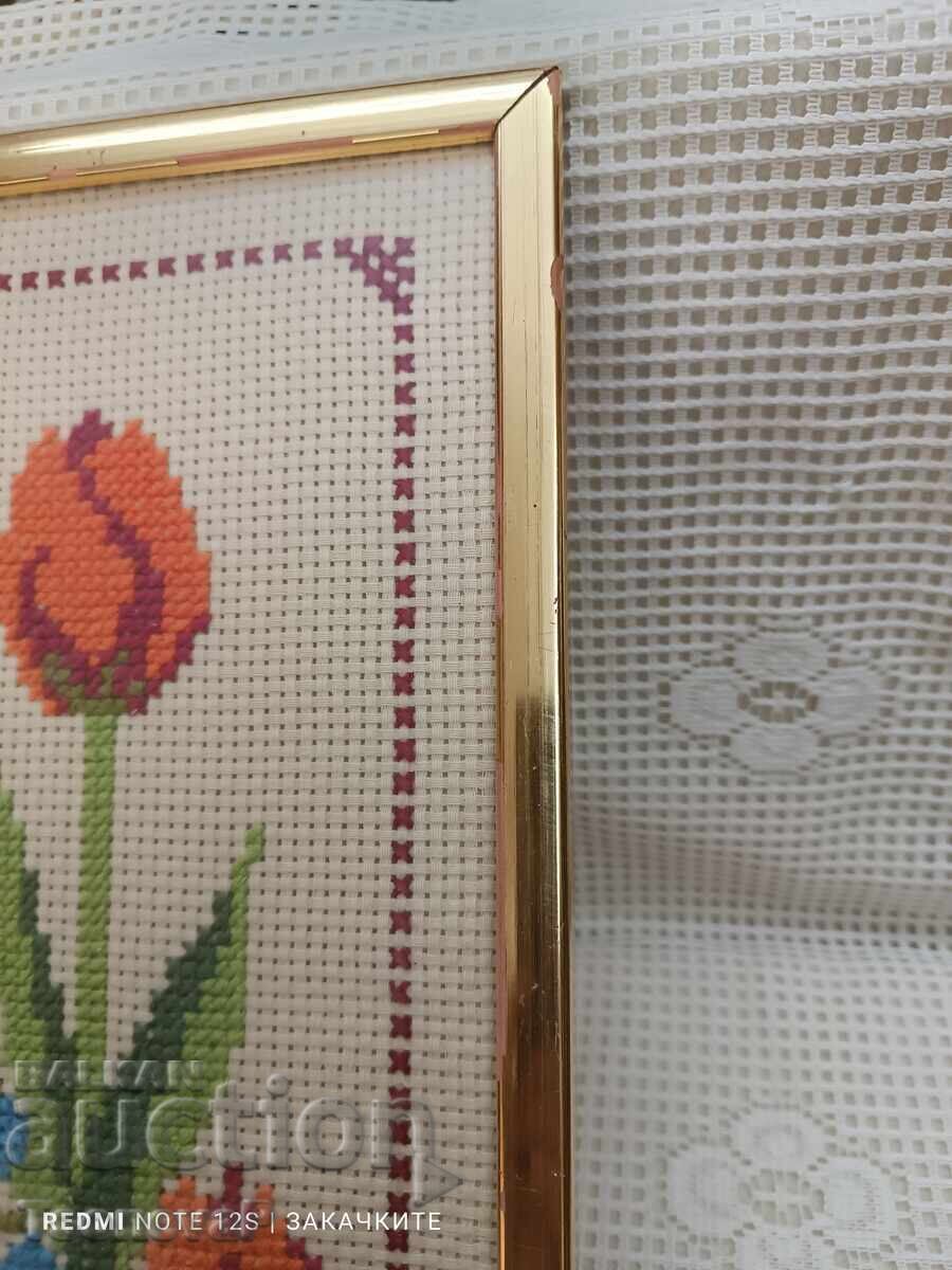 Flowers, embroidery in a wooden frame and protective glass - 5 Flowers, embroidery in a wooden frame and protective glass - 5