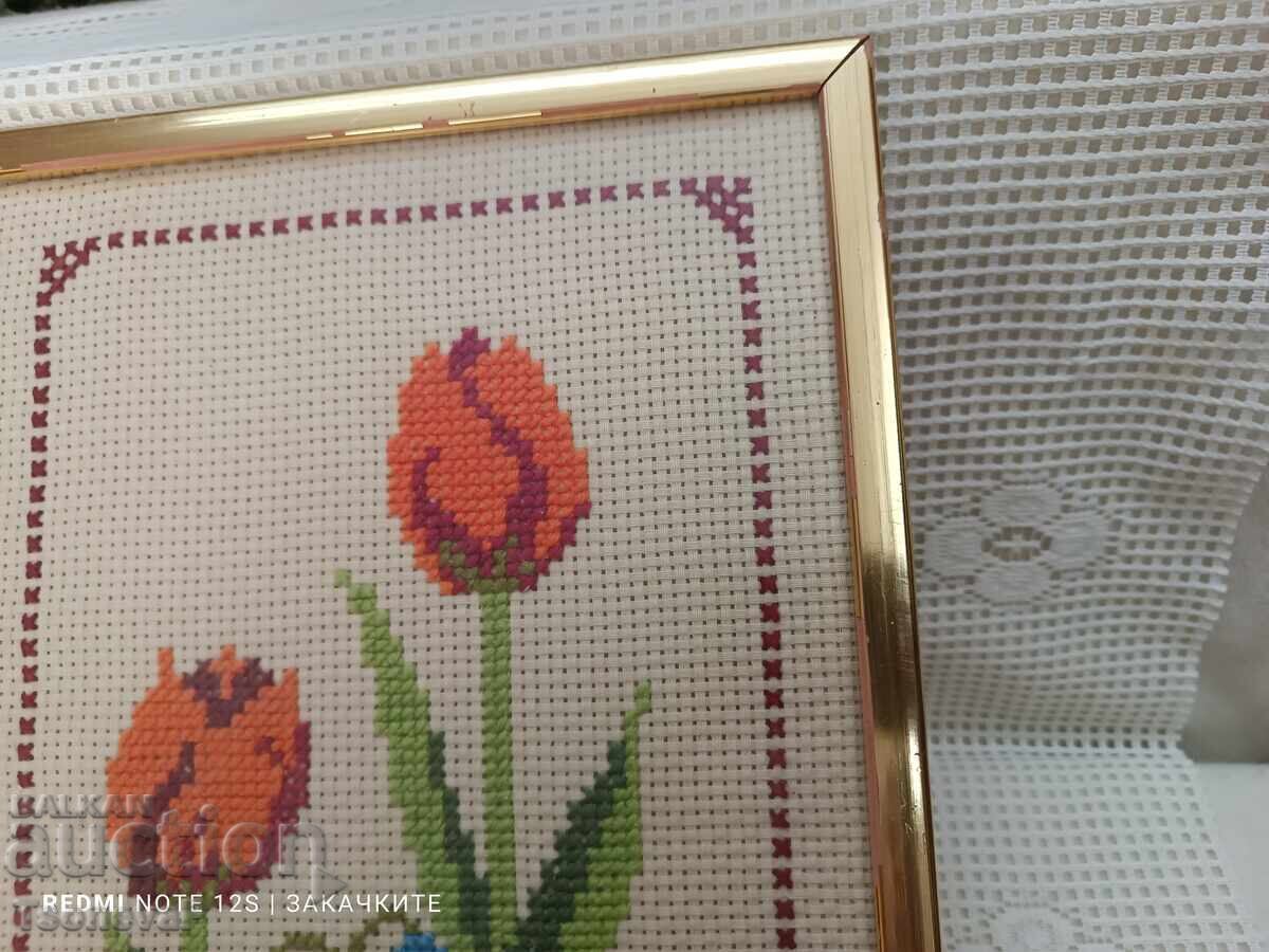 Flowers, embroidery in a wooden frame and protective glass - 6 Flowers, embroidery in a wooden frame and protective glass - 6