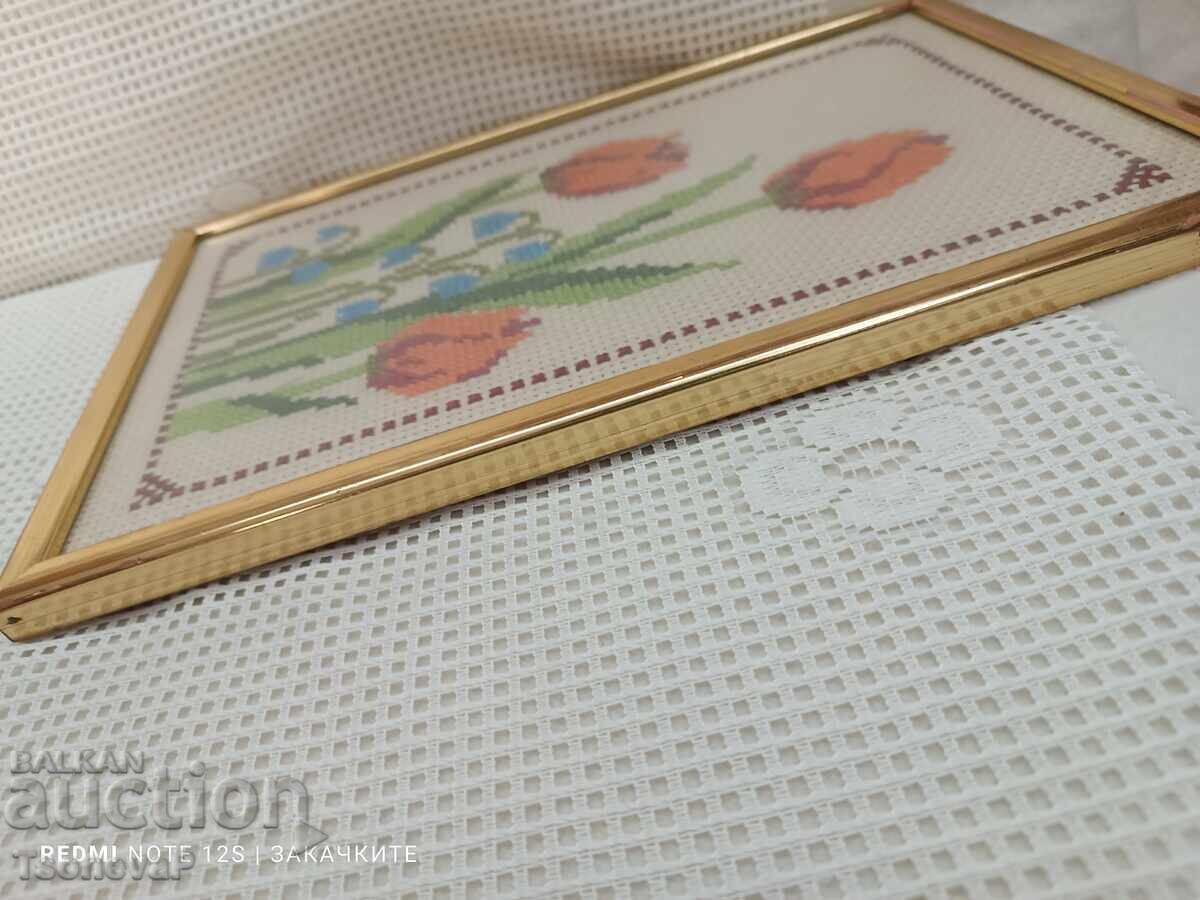 Flowers, embroidery in a wooden frame and protective glass - 7 Flowers, embroidery in a wooden frame and protective glass - 7