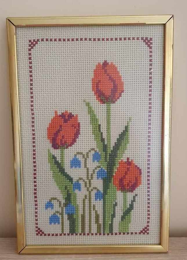 Flowers, embroidery in a wooden frame and protective glass Flowers, embroidery in a wooden frame and protective glass
