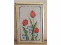 Flowers, embroidery in a wooden frame and protective glass