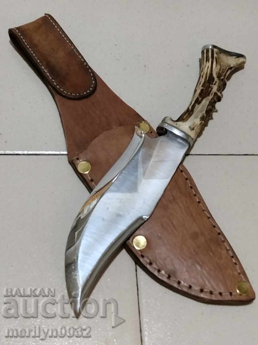 Hunting knife with sheath, deer antler handle