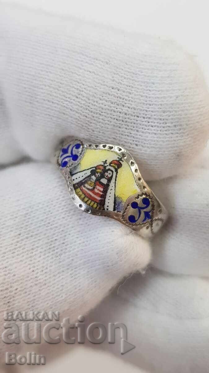 Inel de argint european rar, email Fecioara Maria, sec. XIX