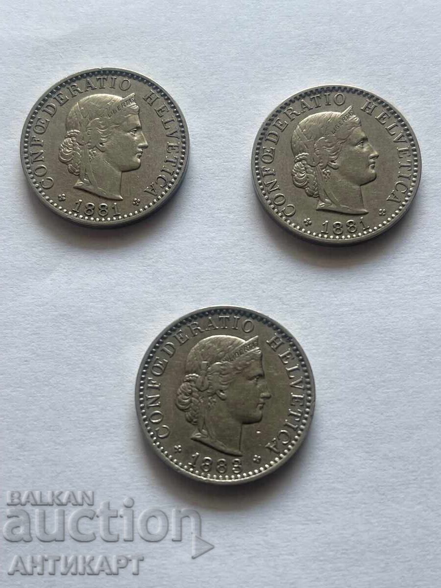 3 monede de 20 rappen rappen Elveția 1881,1881,1883
