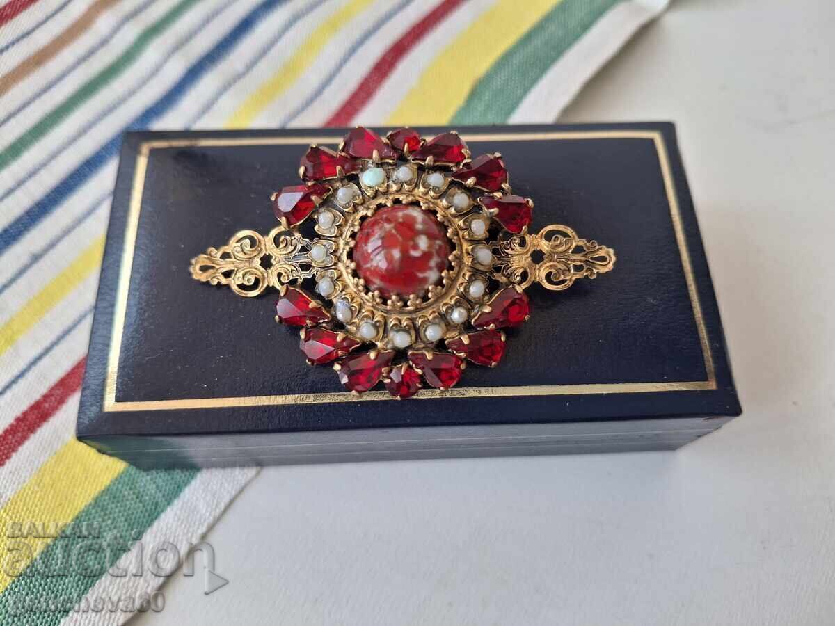 Vintage Brooch Bohemian Crystal, Garnet, Gold Plated