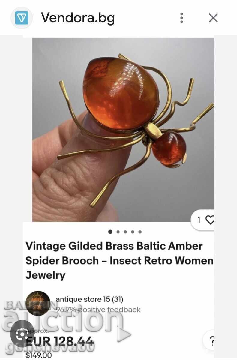 Broșă originală rusească, păianjen, chihlimbar baltic - 7