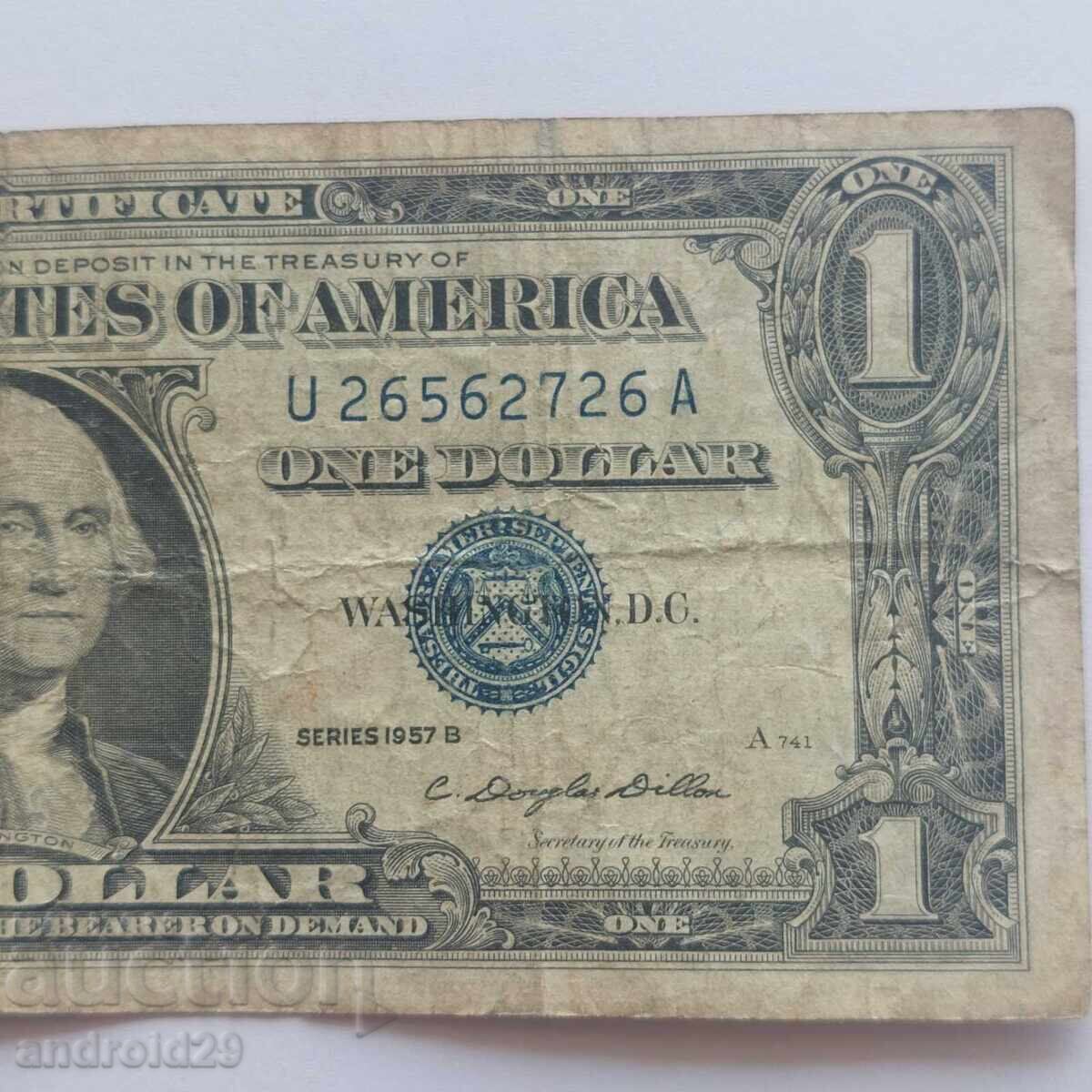 1 Δολάριο 1957 Α ΗΠΑ, Μπλε Σφραγίδα /F/ Τραπεζογραμμάτιο/Dollar/USA με τιμή 7.00 BGN | € 3.58 1 Δολάριο 1957 Α ΗΠΑ, Μπλε Σφραγίδα /F/ Τραπεζογραμμάτιο/Dollar/USA με τιμή 7.00 BGN | € 3.58