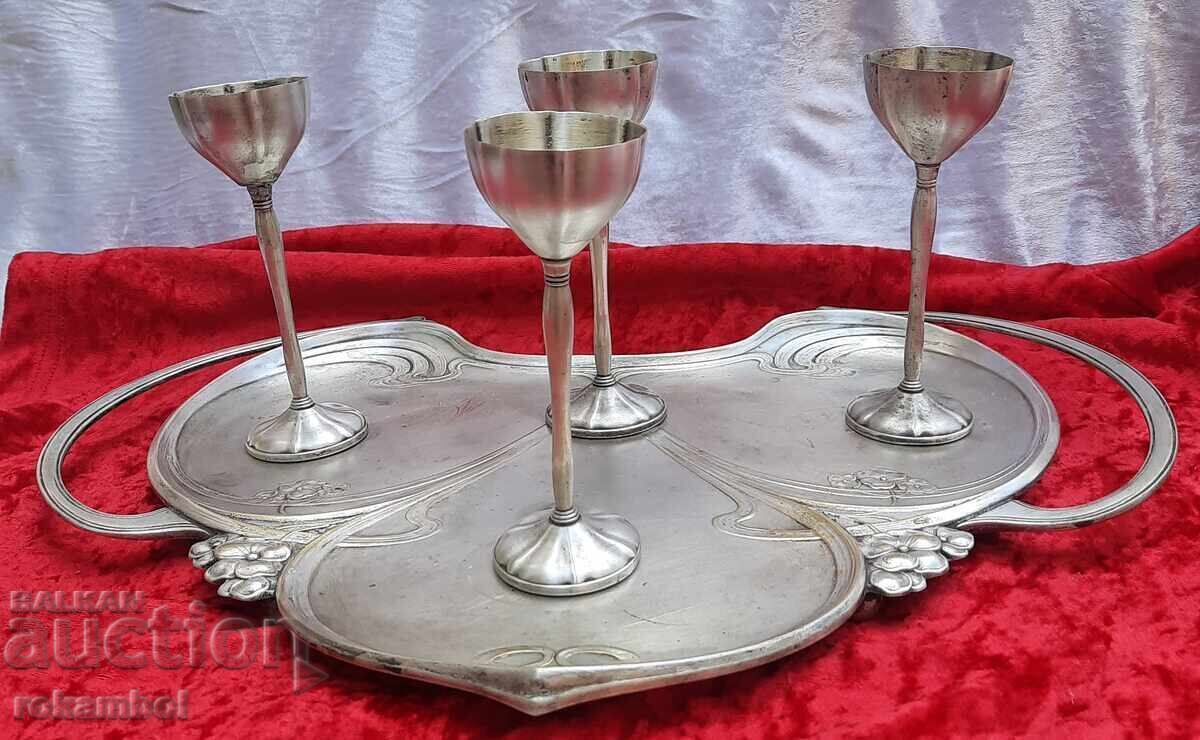 Tavă veche cu 4 cești WMF