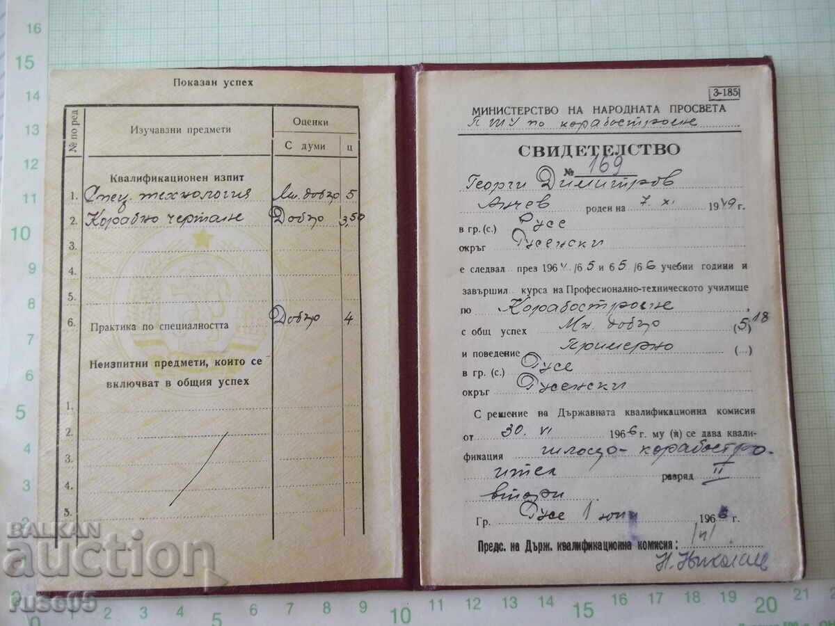 Certificat de absolvire a școlii profesionale de construcții navale cu preț 20.00 BGN | € 10.23