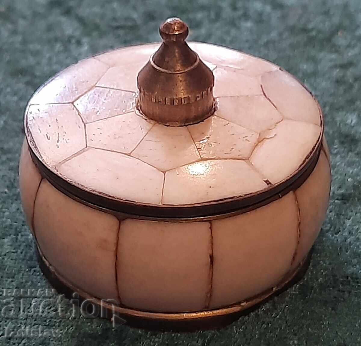 Antique pill box, bronze and bone Antique pill box, bronze and bone