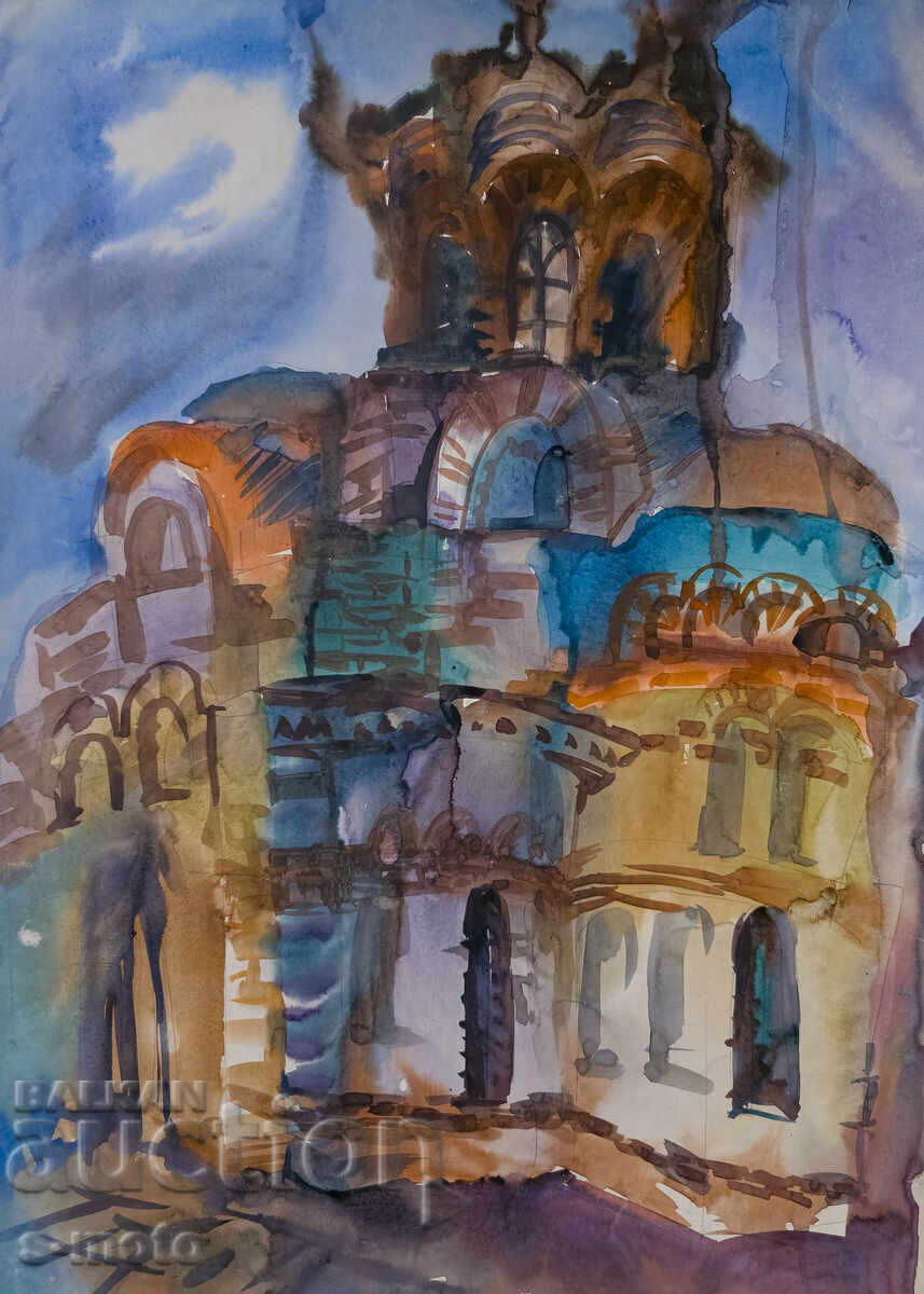 Kартина акварел градски пейзаж, църква с цена 250.00 лв. | € 127.82
