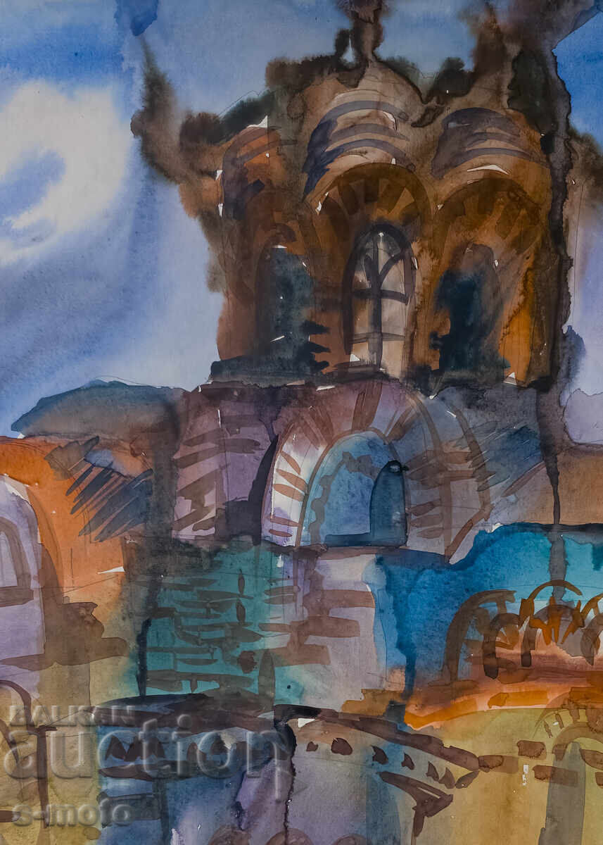 Аукцион Kартина акварел градски пейзаж, църква