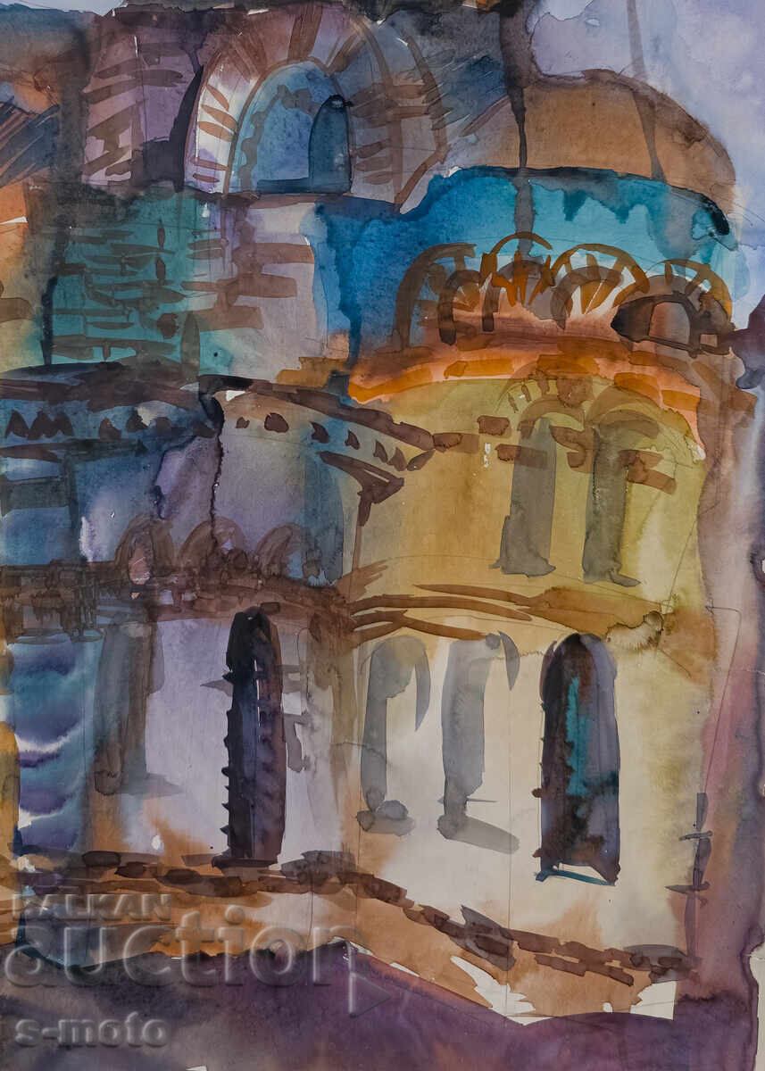 Доставка на Kартина акварел градски пейзаж, църква