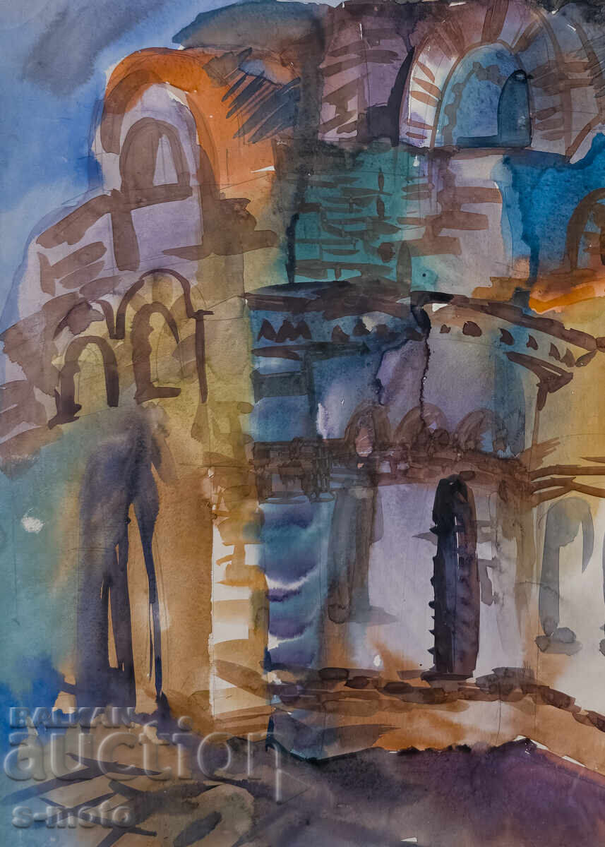 Kартина акварел градски пейзаж, църква - 5