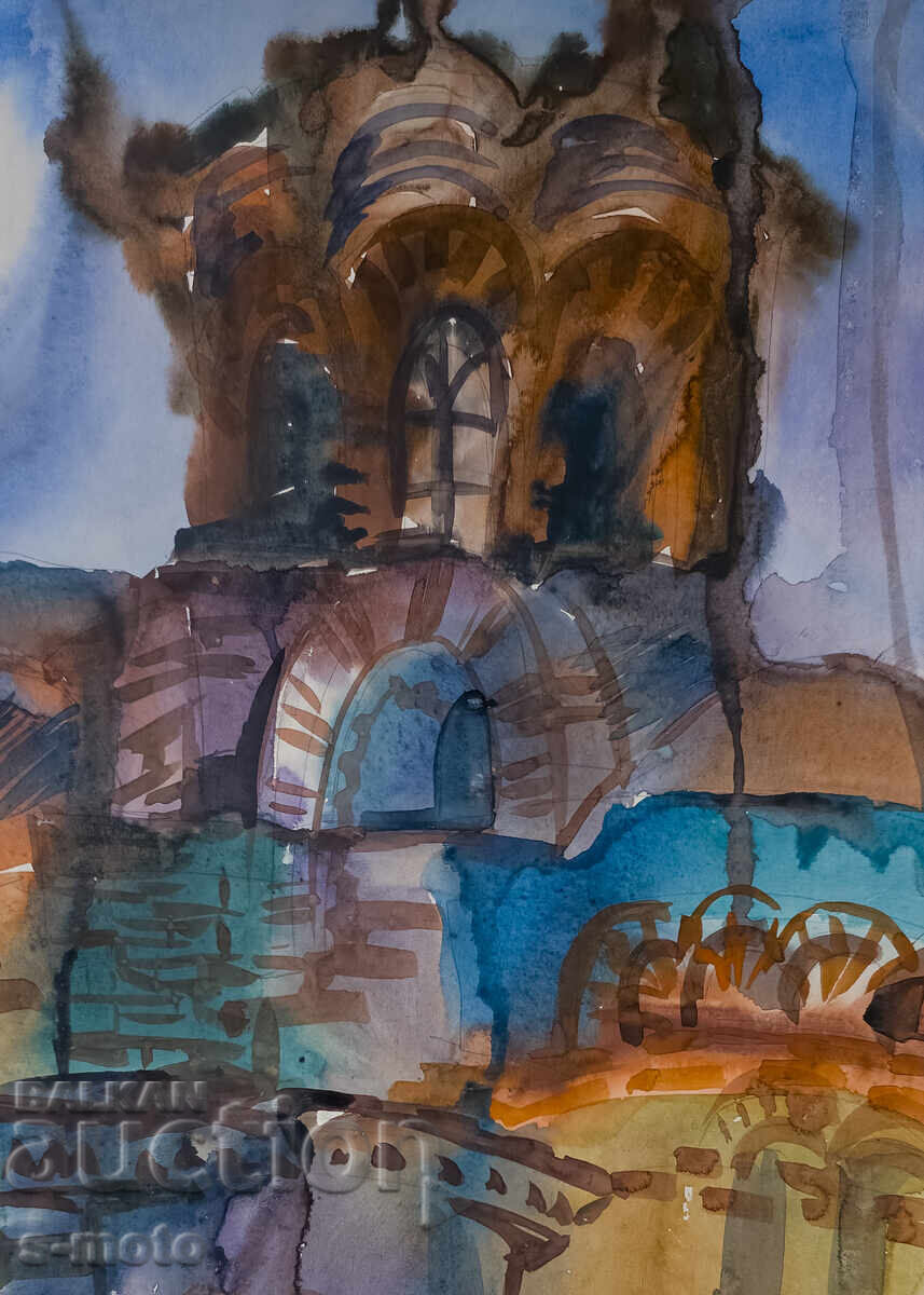 Kартина акварел градски пейзаж, църква - 6