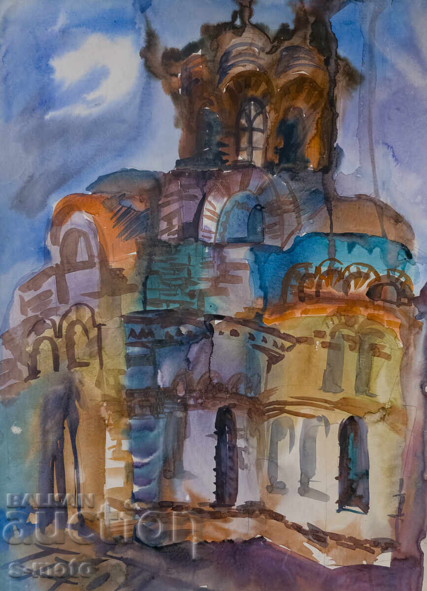Kартина акварел градски пейзаж, църква