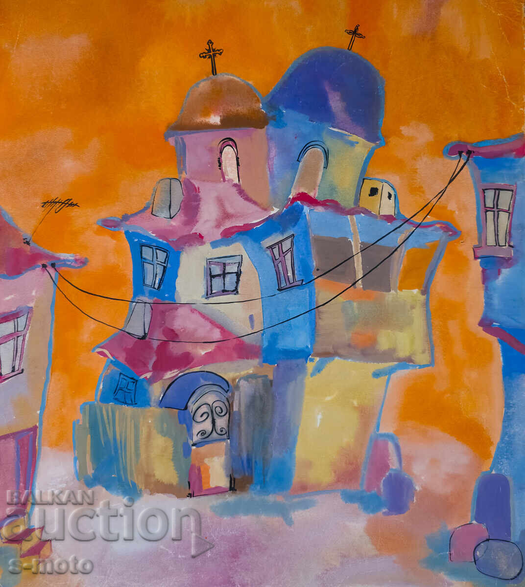 Kартина акварел градски пейзаж, църква с цена 250.00 лв. | € 127.82