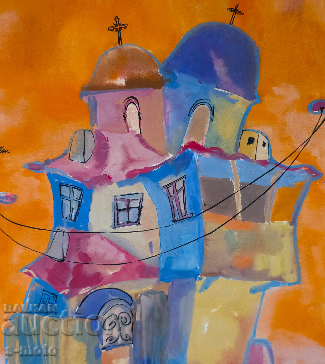 Доставка на Kартина акварел градски пейзаж, църква