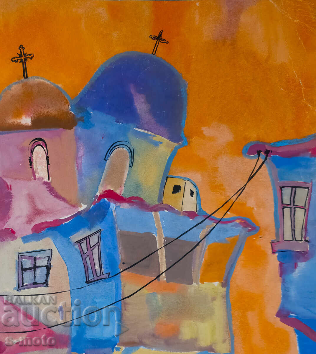 Kартина акварел градски пейзаж, църква - 5