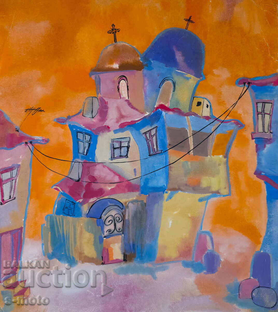 Kартина акварел градски пейзаж, църква