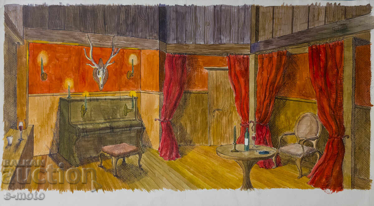 Ακουαρέλα ζωγραφική σκηνογραφία εσωτερικού χώρου με τιμή 250.00 BGN | € 127.82