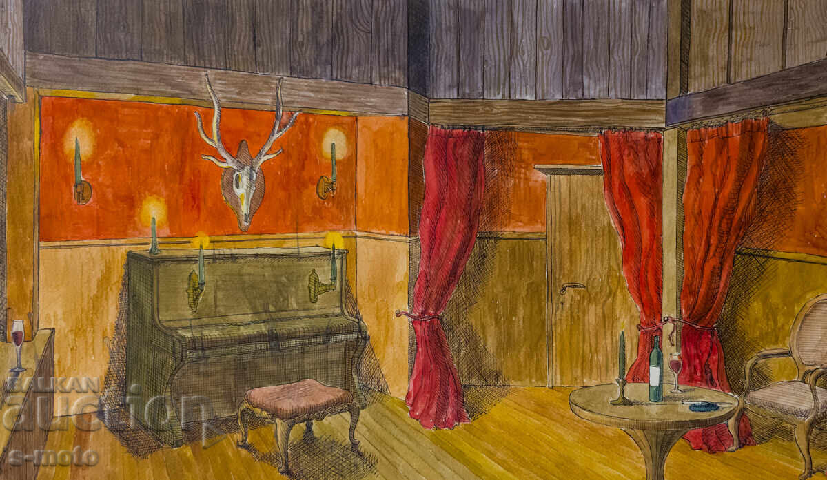 Δημοπρασία Ακουαρέλα ζωγραφική σκηνογραφία εσωτερικού χώρου