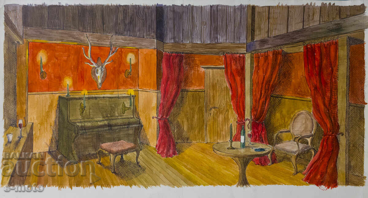 Ακουαρέλα ζωγραφική σκηνογραφία εσωτερικού χώρου