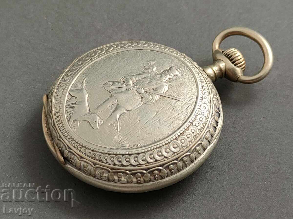 Silver-plated pocket watch hunting scene - 5