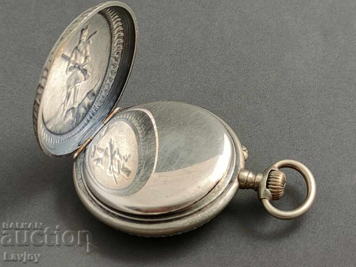 Silver-plated pocket watch hunting scene - 6