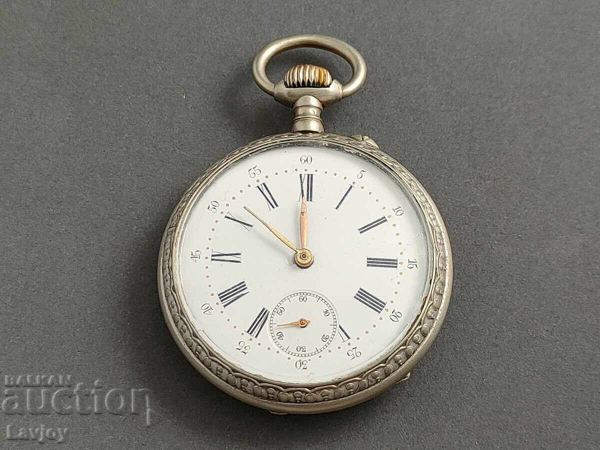 Silver-plated pocket watch hunting scene