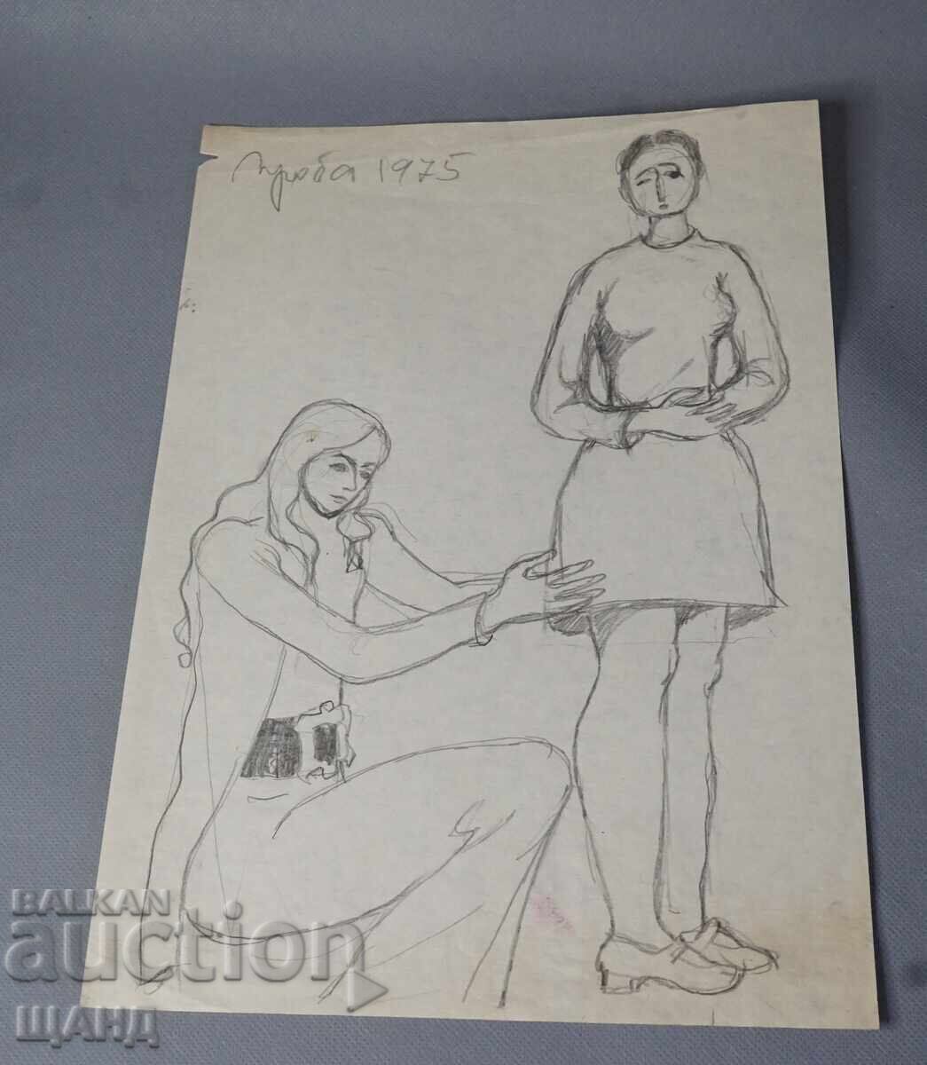 Παλιό μολύβι σκίτσο Μάστερ γυναικών δοκιμή ρούχων