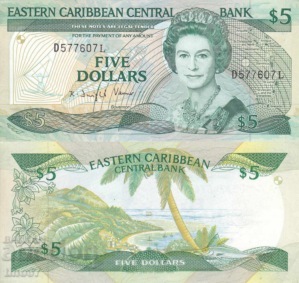 tino37- ИЗТОЧНИ КАРИБИ (Saint Lucia) - 5 ДОЛАРА - 1988г - XF