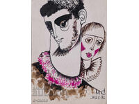 Tablou abstract acuarel portret semnat, 1981