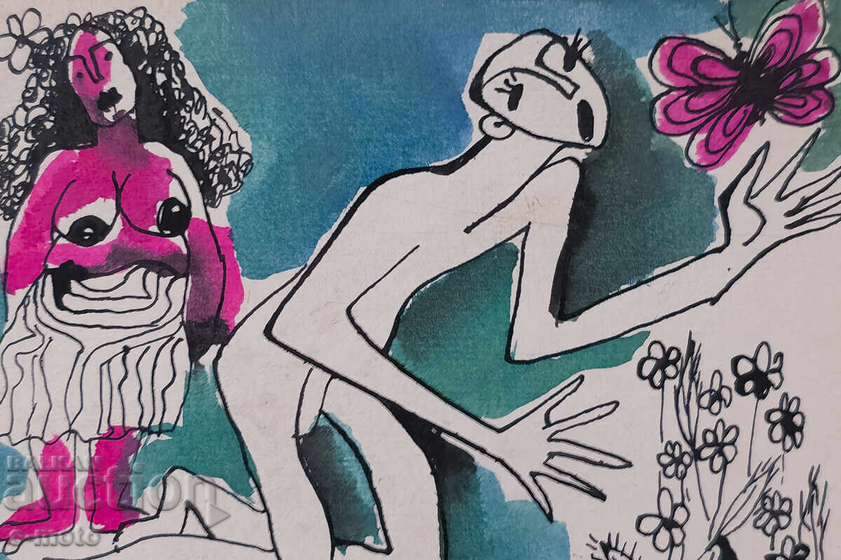 Auction  Abstract watercolor painting portrait signed, 1981