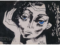 Abstract watercolor painting portrait signed, 1981