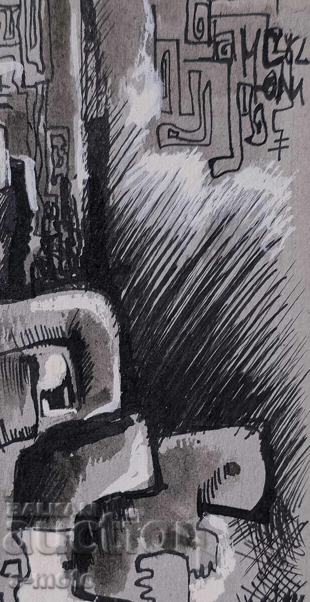 Licitație Pictură abstractă tuș, tempera, semnată, 1982 Licitație Pictură abstractă tuș, tempera, semnată, 1982