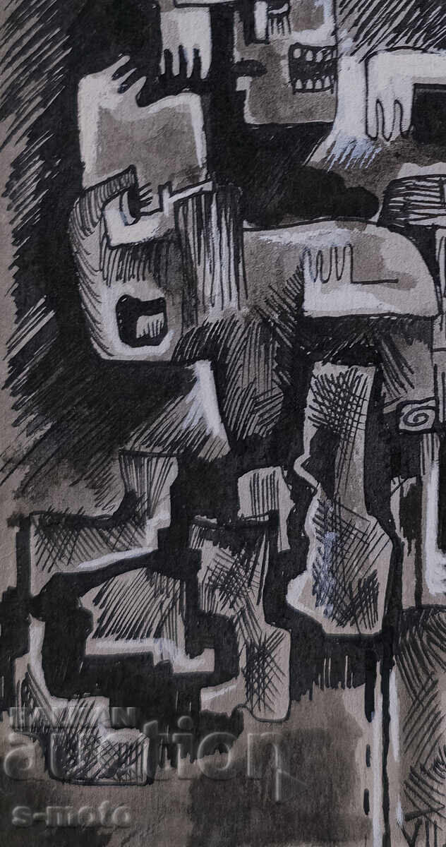 Δημοπρασία Αφηρημένη ζωγραφική με μελάνι, τέμπερα, υπογεγραμμένη, 1982