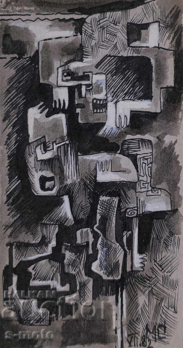 Αφηρημένη ζωγραφική με μελάνι, τέμπερα, υπογεγραμμένη, 1982