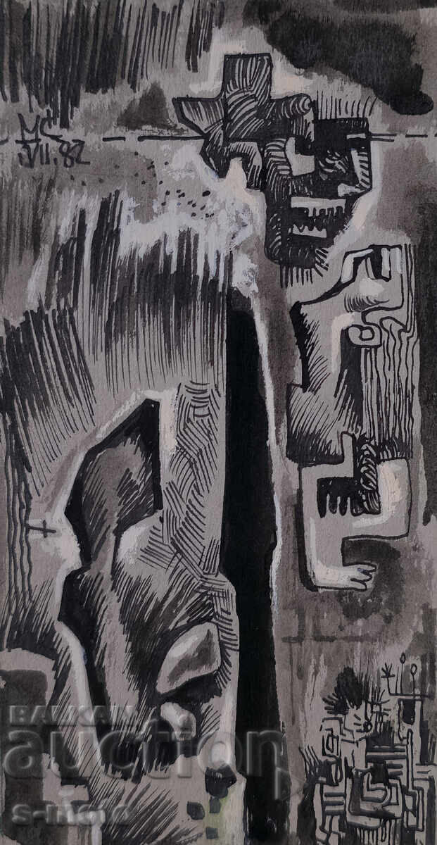 Pictură abstractă tuș, tempera, semnată, 1982
