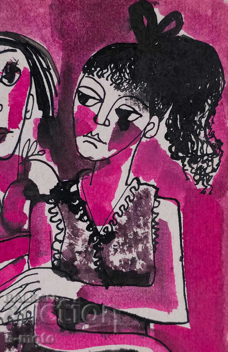 Abstract watercolor painting portrait signed, 1981 - 5