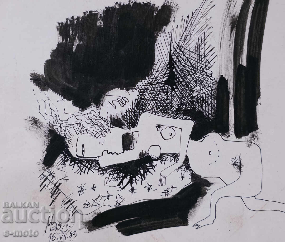 Δημοπρασία Αφηρημένη εικόνα με μελάνι, υπογεγραμμένη, 1983