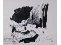 Pictură abstractă cu tuș, semnată, 1983